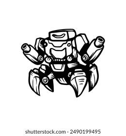 cool robotic with four leg and plasma blaster technology line art sketch vintage design illustration