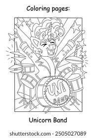 Cool rock music unicorn playing the drums kids coloring vector Kids coloring book page. Vector cartoon illustration on white background. Linear drawing. For colorings, prints, posters, stickers,puzzle