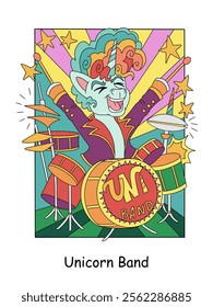 Cool rock music unicorn playing the drums. Vector cartoon illustration on white background. Linear drawing. For design, colorings, prints, posters, stickers, puzzle