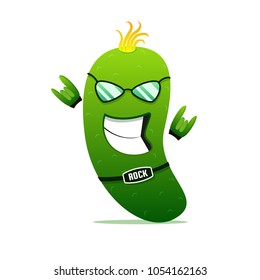 Cool rock n roll cucumber character. Vegetable for print, menu, recipe. Disco guy. Vector cartoon illustration