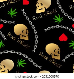 cool rock n roll seamless pattern. golden skulls and inscriptions, cannabis leaves, silver broken chains, scarlet hearts randomly arranged on a black background. vector 