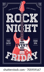 Cool 'Rock Night Every Friday' vector poster template with chunky lettering and electric rock guitar. Ideal for printable concert promotion in clubs, bars, pubs and public places