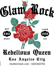 cool rock and roll graphic with roses, vector