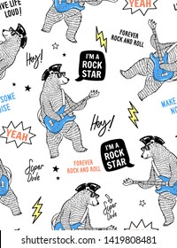 Cool rock star bear playing guitar with slogan text seamless pattern for t-shirt prints and other uses.