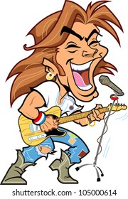 Cool rock star with microphone playing guitar and singing