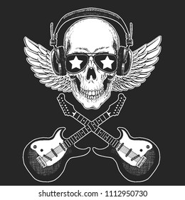 Cool rock star skull wearing disco glasses and headphones Retro music festival. Wings. Heavy metall emblem for concert, poster, t-shirt