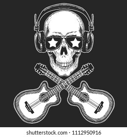 Cool rock star skull wearing disco glasses and headphones Retro music festival. Wings. Heavy metall emblem for concert, poster, t-shirt