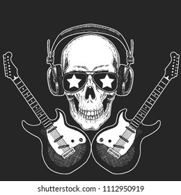 Cool rock star skull wearing disco glasses and headphones Retro music festival. Wings. Heavy metall emblem for concert, poster, t-shirt