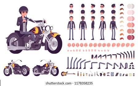 Cool rocker boy in biker leather jacket character creation set. Man riding chopper. Full length, different views, emotions, gestures. Build your own design. Vector illustration