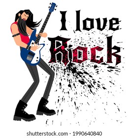 Genial rockero. Dibujo de un músico creativo adulto con guitarra de concierto eléctrica, concepto de ilustración vectorial de actuación en un festival de música rock aislado de fondo blanco