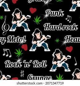 Cool rocker seamless pattern. Long-haired guitarists, cannabis leaves, hearts, names of musical styles, notes and signs on a black background. Vector. 