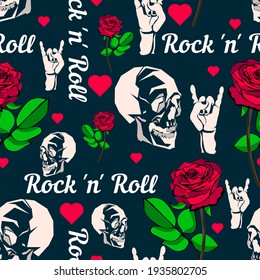 cool rocker seamless pattern. mixed sized beige skulls, roses, red hearts, white lettering randomly arranged on a dark blue background. vector 