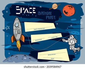 Diseño frío de cohetes y astronautas y fondo del espacio azul. Plantilla vectorial de cumpleaños.