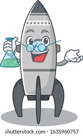 Cool rocket Professor cartoon character with glass tube