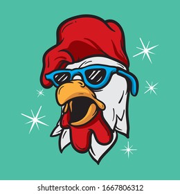 Cool rooster head with blue sunglasses. Isolated vector animal character 