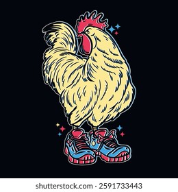 Cool Rooster with Sneakers Character Design for Tees Vector