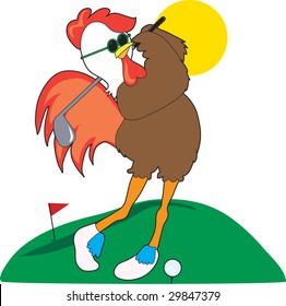 A cool rooster taking a swing on the golf course