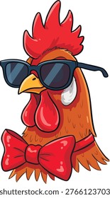 Cool rooster wearing sunglasses and red bow tie illustration. Funny cartoon cockerel character with shades and formal bowtie. Stylish chicken head mascot with sun glasses and red bow-tie. Trendy rooster portrait with sunglasses for summer or party design. Cute rooster vector icon with glasses and bow tie isolated on white