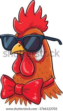Cool rooster wearing sunglasses and red bow tie illustration. Funny cartoon cockerel character with shades and formal bowtie. Stylish chicken head mascot with sun glasses and red bow-tie. Trendy rooster portrait with sunglasses for summer or party design. Cute rooster vector icon with glasses and bow tie isolated on white