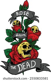 Rosa fresca de la calavera muerta y rosas ilustración de arte tradicional en colores perfectos para camiseta y póster 