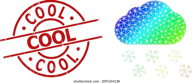 COOL rubber stamp and low-poly spectral colored snow cloud icon with gradient. Red stamp includes Cool caption inside circle and lines template. Triangulated snow cloud polygonal 2d illustration.