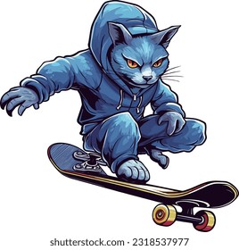 cool Russian Blue cat skateboarding, illustration vector style