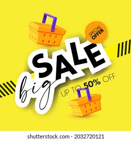 Cool Sale design template with shopping bascet. Spectial offer render space.