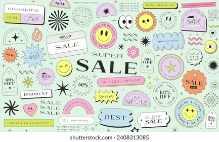 Cool Sale Sticker Collage Vector Illustration. Pop Art Promo Banner. Y2k Style Special Offer Store Graphics.