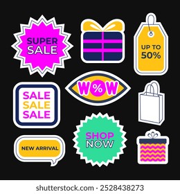 Cool sales and shopping stickers. Modern playful brutalism tags, badges, labels. Black Friday sale. Retro geometric style. Advertising. Vector isolated on black.