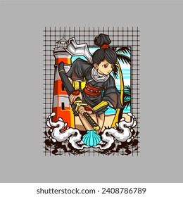 cool samurai lady illustration for t shirt design