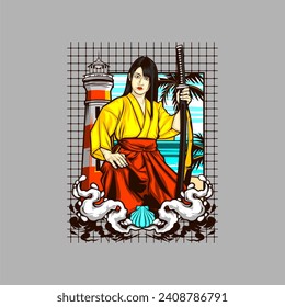 cool samurai lady illustration for t shirt design