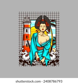 cool samurai lady illustration for t shirt design