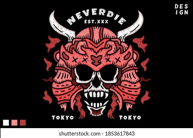 Cool Samurai Skull head in hype style with never die typography. illustration for t shirt, poster, logo, sticker, or apparel merchandise.