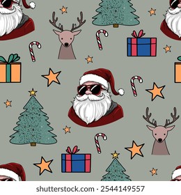 Cool Santa Christmas Pattern with Gifts and Candy Canes. Festive Holiday Pattern with Santa, Gifts, and Reindeer