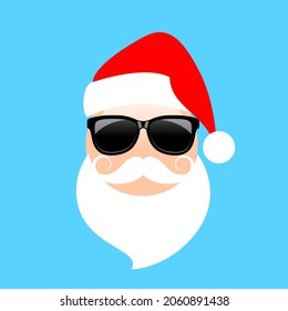 Cool Santa Claus emoji with sunglasses and Christmas hat, vector cartoon. Funny portrait of christmas santa.