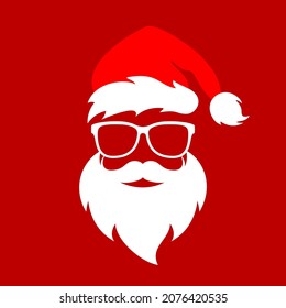 Cool Santa Claus face with beard and Christmas hat, santa claus vector cartoon on red background