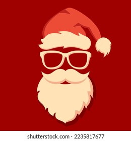 Cool Santa Claus face with beard glasses and hat, vector Christmas holiday cartoon on red background, santa noel symbol