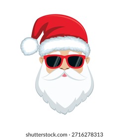 Cara fresca de Santa Claus con gafas de sol rojas y Ilustración vectorial de sombrero. Cabeza de Santa Claus con el icono rojo de las gafas de sol aislado en un fondo blanco. Elemento de diseño de Navidades. Plantilla para el fondo, Anuncio, tarjeta
