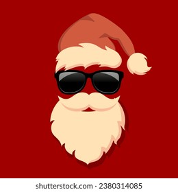 La fría cara de Santa Claus con lentes de sol, caricatura vectorial sobre fondo rojo