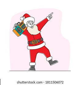 Cool Santa Claus Listening Music on Tape Recorder and Dancing. Funny Christmas Character in Red Traditional Costume Performing Modern Dance at Party or Xmas Celebration. Linear Vector Illustration