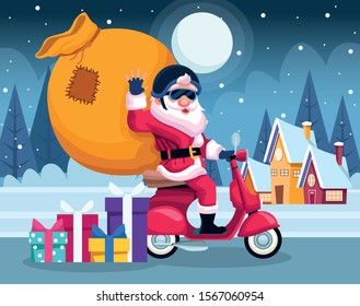 cool santa claus on a motorcycle with big bag over snowy night background, colorful design , vector illustration