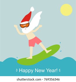 Cool Santa Claus on Windsurfing in the sea. Happy New Year and Merry Christmas! Greeting card. Vector illustration.