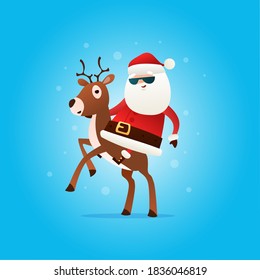 Cool Santa Claus riding a Christmas reindeer in a black glasses. Vector illustration