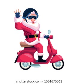 cool santa claus riding a motorcycle over white background, vector illustration