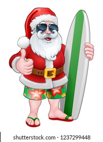 Cool Santa Claus in shorts and flip flops wearing shades or sunglasses and holding his surfboard, Christmas cartoon.