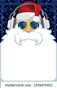 Cool Santa Claus in stylish glasses and DJ headphones. Below there is a place for congratulatory text or advertising. Suitable for creating a greeting card, banner, poster or decoration.