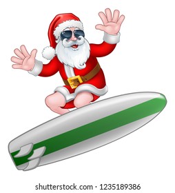 Cool Santa Claus surfing on his board in shades or sunglasses Christmas cartoon illustration
