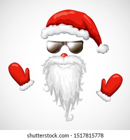 cool santa claus vector illustration. red santa hat, sunglasses, beard isolated on white. hipster santa face mask in sunglasses. Christmas costume clipart. funny xmas character. photo booth props