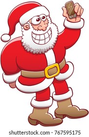 Cool Santa Claus wearing his Christmas suit, posing and grinning while taking a selfie with his smartphone