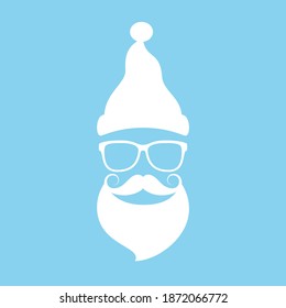 Cool Santa face in hipster style, vector cartoon on blue background. Cristmas geek concept, chrismas symbols, crismas vector clip art.